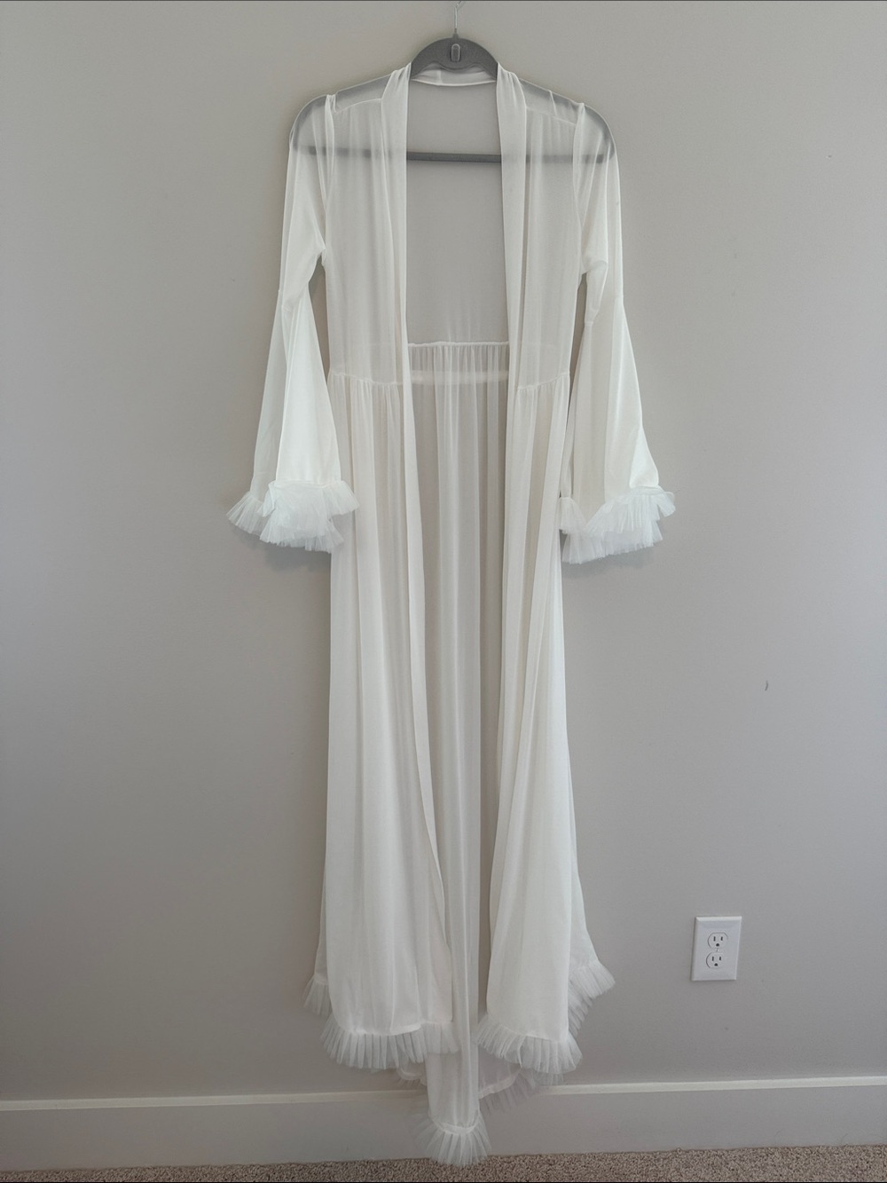 Bridal Sheer Ivory Long Robe with Ruffle Trim